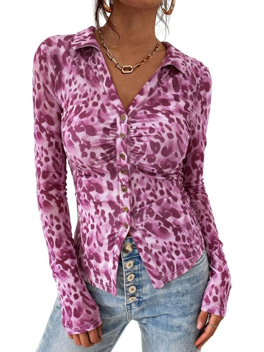 〽️Women's Purple Leopard Long Sleeve V Neck Mesh Boho Button Front Shirt Tops